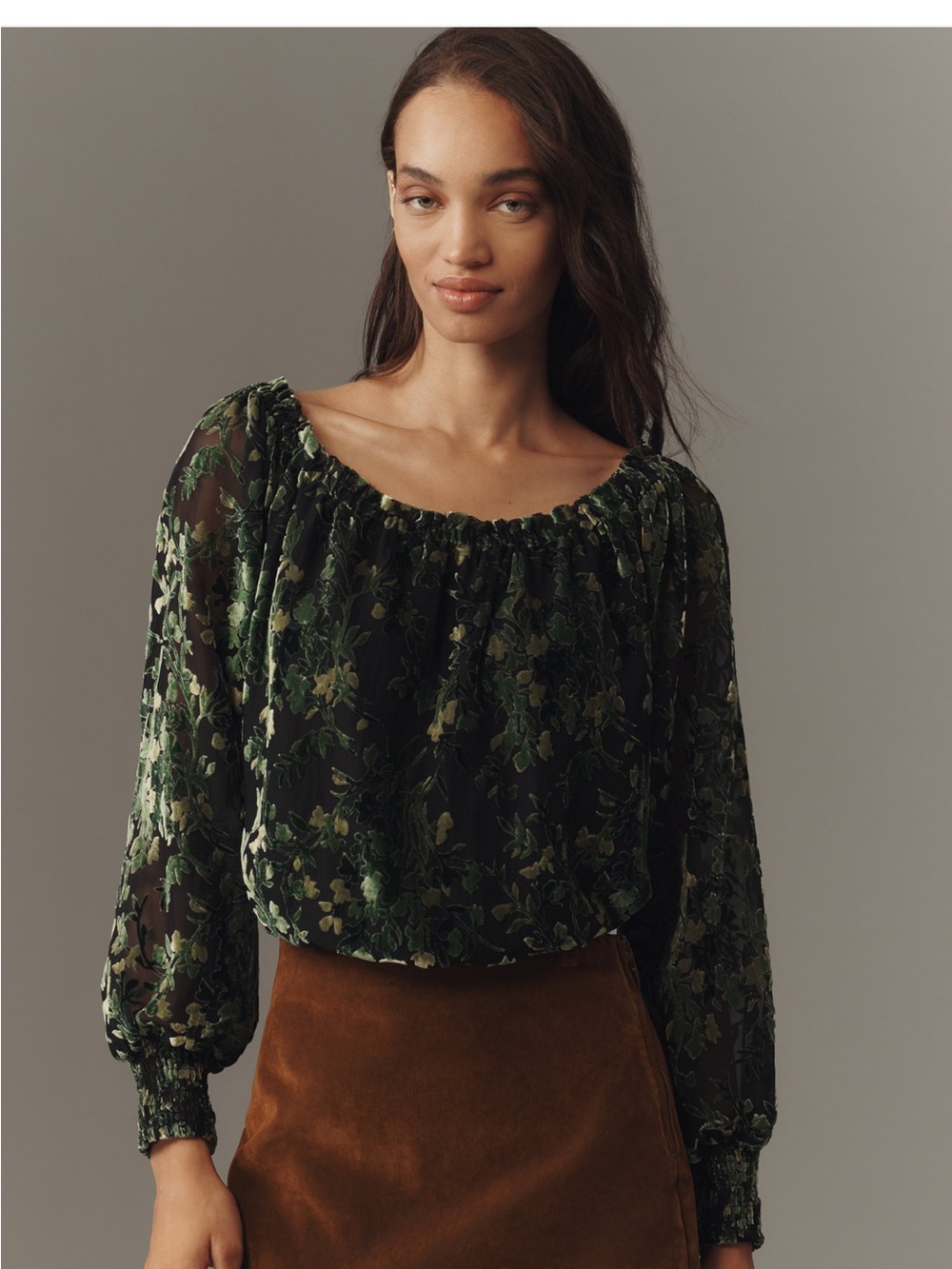 Anthropologie Off Shoulder Burnout Velvet Floral Blouse XL Green Sheer Boho
